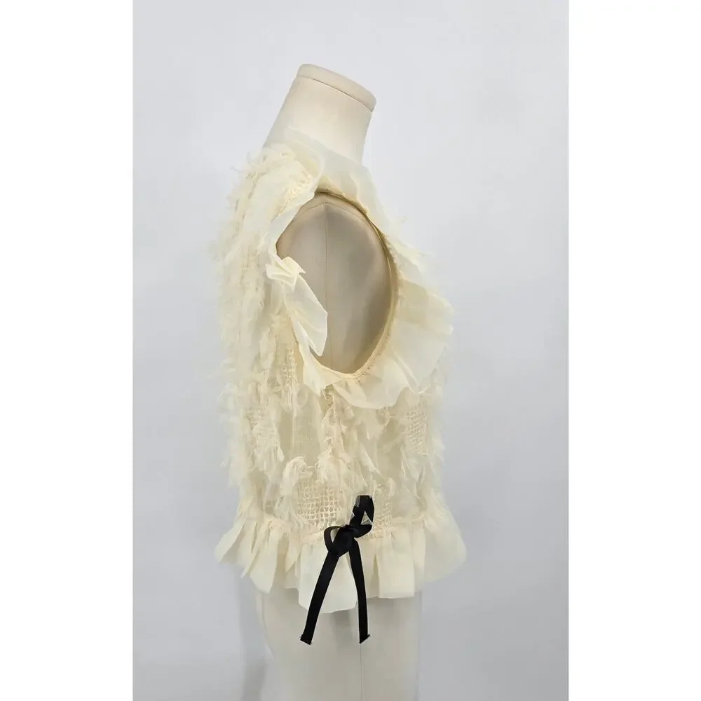 &merci Cream Twee Romantic Ruffle‎ Top with Black Bow Details – Size Small